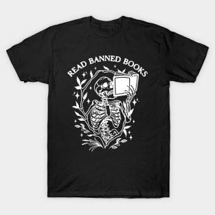 Read Banned Books Skeleton Halloween Goth Protest Black T-Shirt